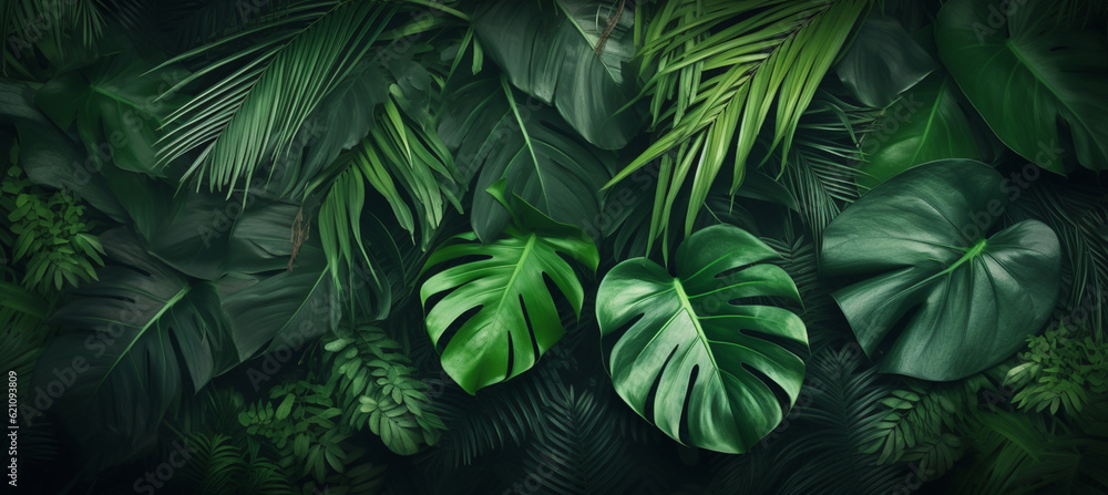 Tropical green leaves on dark background, nature summer forest plant Tropical green leaves on dark background, nature summer forest plant