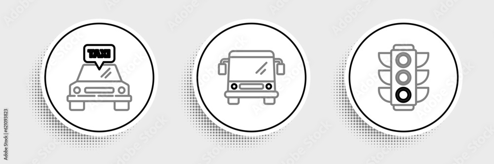 Set line Traffic light, Taxi car and Bus icon. Vector Set line Traffic light, Taxi car and Bus icon. Vector
