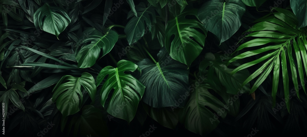 Fototapeta premium Tropical green leaves on dark background, nature summer forest plant