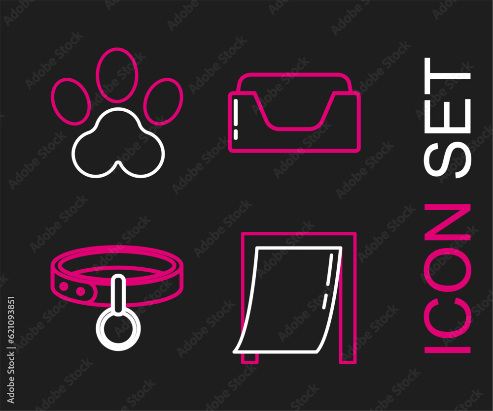 Set line Door for pet, Collar with name tag, Pet bed and Paw print icon. Vector Set line Door for pet, Collar with name tag, Pet bed and Paw print icon. Vector