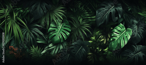 Tropical green leaves on dark background  nature summer forest plant