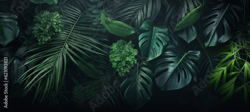 Tropical green leaves on dark background, nature summer forest plant © MUS_GRAPHIC