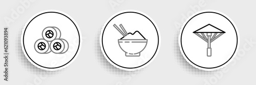 Set line Japanese umbrella from the sun, Sushi and Rice in bowl with chopstick icon. Vector