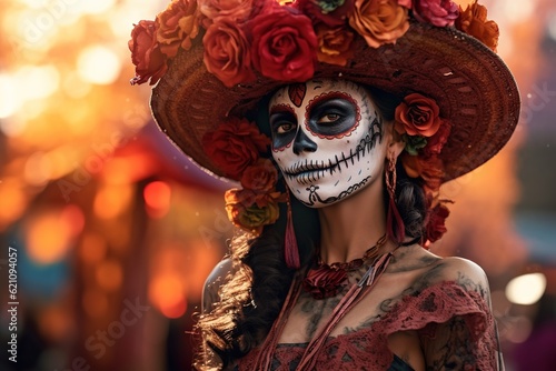 Dia de los muertos. Day of The Dead. Woman with sugar skull makeup on a floral background. Calavera Catrina. Halloween.