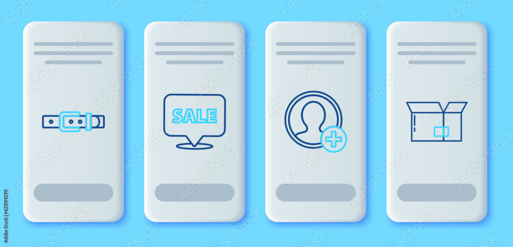 Set line Hanging sign with Sale, Create account screen, Leather belt and Carton cardboard box icon. Vector Set line Hanging sign with Sale, Create account screen, Leather belt and Carton cardboard box icon. Vector