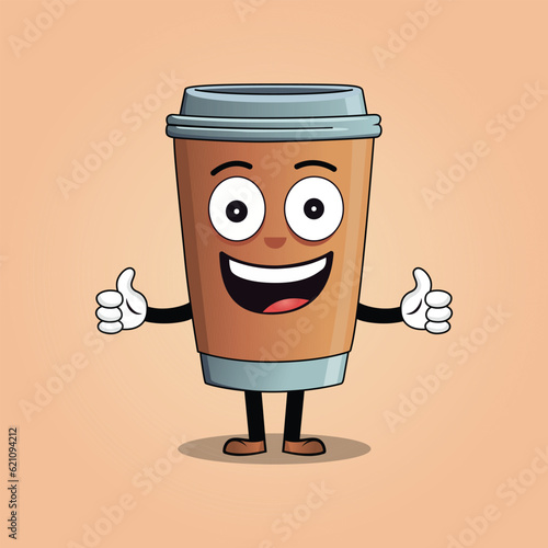 A happy coffee cup mascot giving two thumbs up