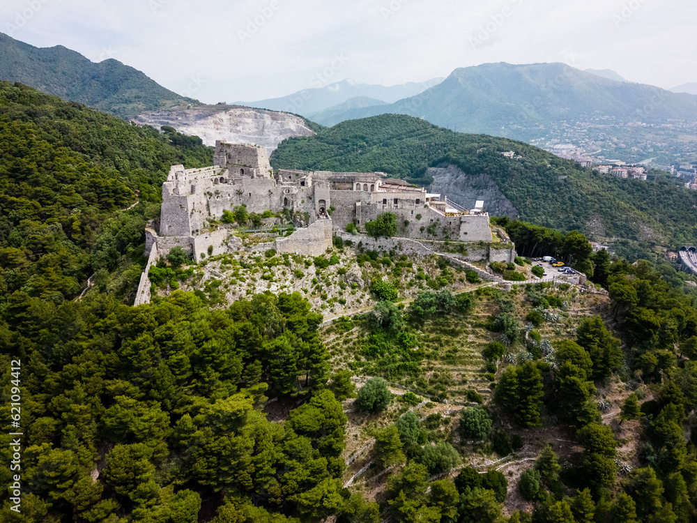 aerial view from the drone of the beautiful Aragonese castle of ARECHI of Salerno
