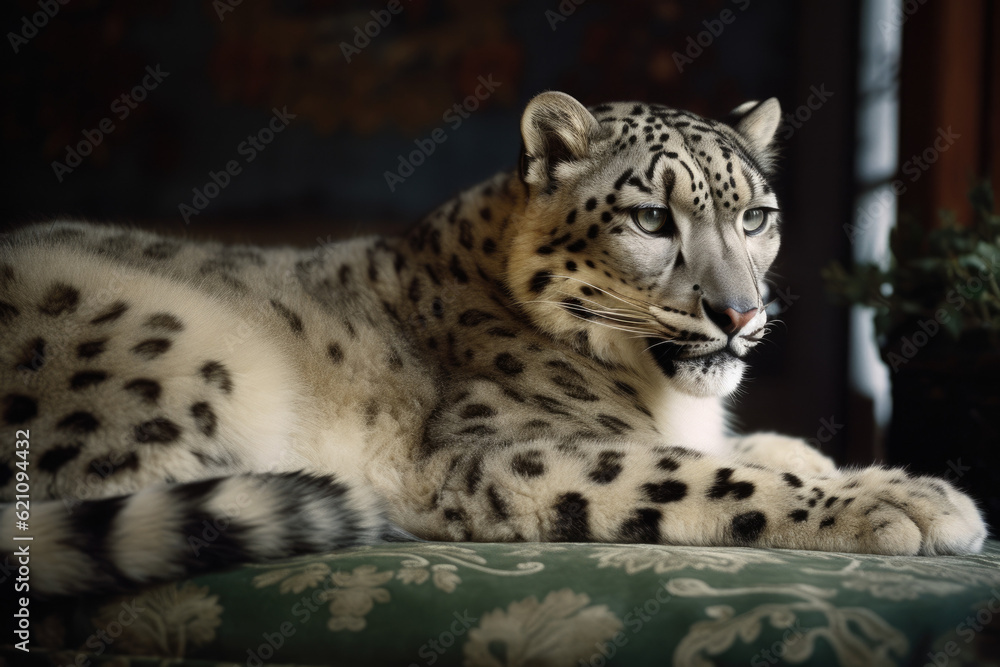 Snow Leopard's Cozy Retreat: Majestic Rest on a Couch - Serene Elegance in the Wilderness - Generative AI Snow Leopard's Cozy Retreat: Majestic Rest on a Couch - Serene Elegance in the Wilderness - Generative AI