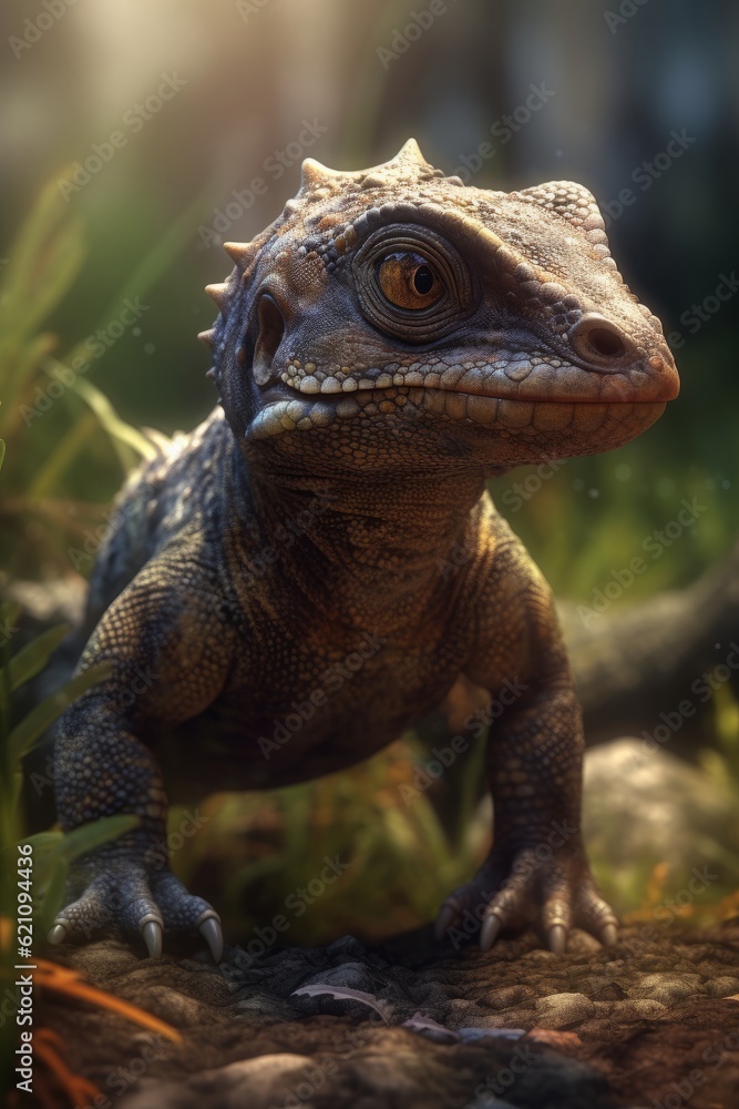 Fototapeta premium dangerous baby dinosaur background in the forest