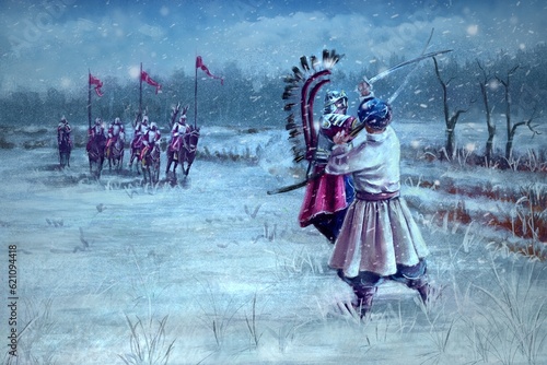 Colorful digital drawing of the battle of the Polish winged hussar against the Cossack against the backdrop of a winter landscape. Cavalry stands in the background. Evening snowstorm.Historical drawin