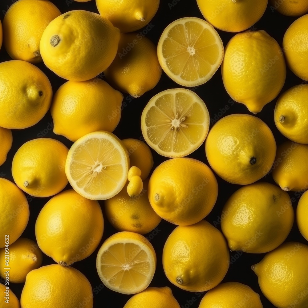 top view heap raw and open yellow lemons