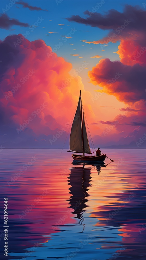 Fototapeta premium Oceanic Rhapsody A Single Sailboat Transcends the Waves, Harmonizing with the Spectacle of a Painted Sky
