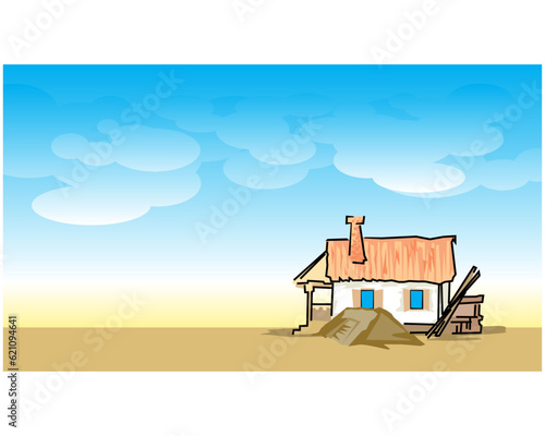 Frontier. A small pioneer house on the edge of the prairie
