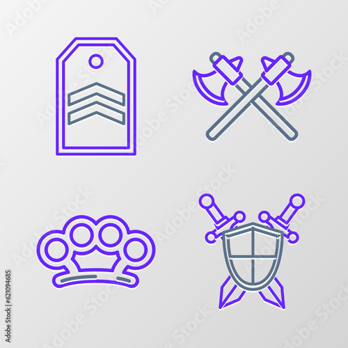 Set line Medieval shield with crossed swords, Brass knuckles, Crossed medieval axes and Chevron icon. Vector