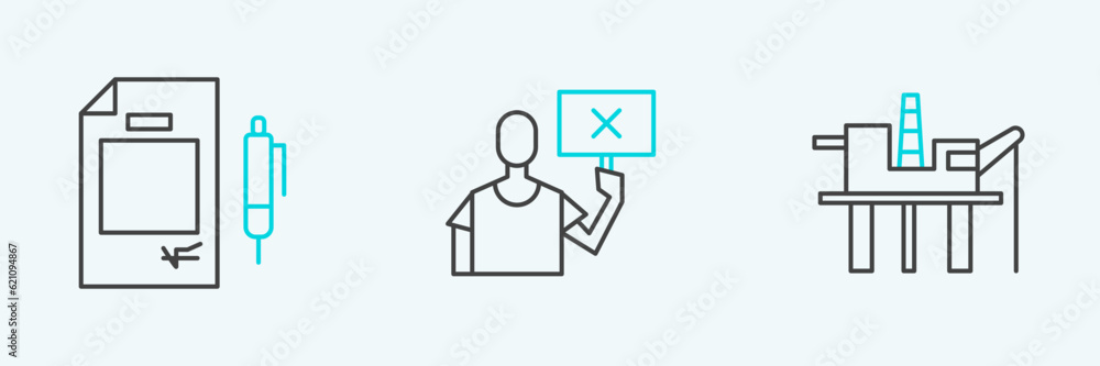 Set line Oil platform in the sea, Contract money and pen and Nature saving protest icon. Vector Set line Oil platform in the sea, Contract money and pen and Nature saving protest icon. Vector