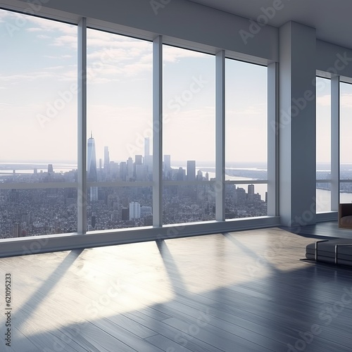 apartment interior with big windows and city view  sunny day