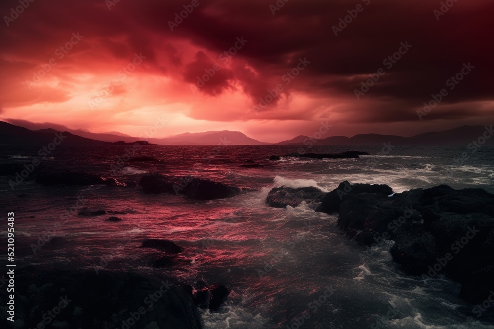 ocean background with mountains and red sky