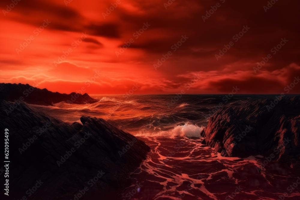 beach with rocks short waves and red sky