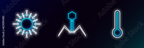Set line Medical thermometer, Virus and Bacteria bacteriophage icon. Glowing neon. Vector