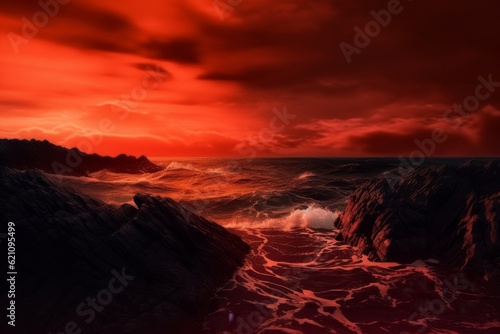 beach with rocks short waves and red sky