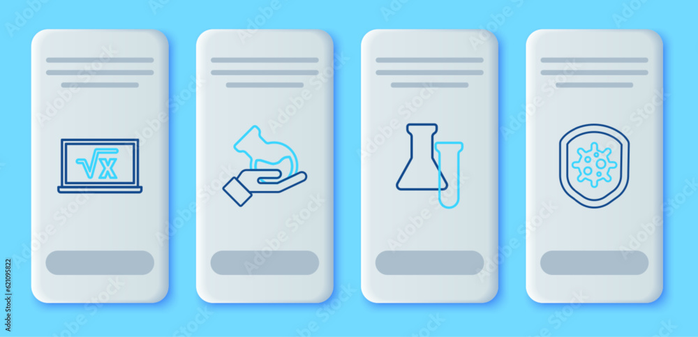 Set line Test tube and flask, Square root of x glyph and Shield protecting from virus icon. Vector Set line Test tube and flask, Square root of x glyph and Shield protecting from virus icon. Vector