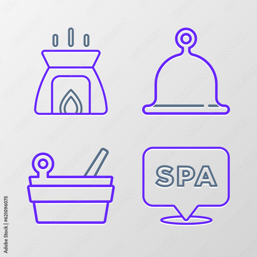 Set line Spa salon, Sauna bucket and ladle, hat and Aroma candle icon. Vector Set line Spa salon, Sauna bucket and ladle, hat and Aroma candle icon. Vector