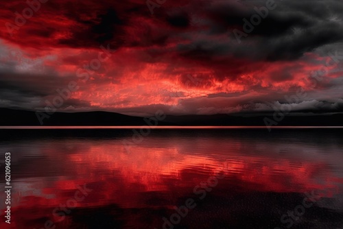 Dark landscape with red sky and lake