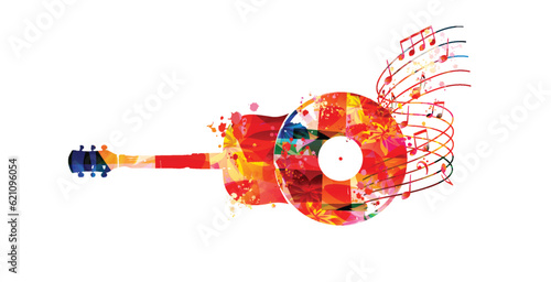 Playful music background with abstract guitar, LP record and musical notes for banner, card, invitation, poster... Vector illustration for live concert events, music festivals and shows. Party flyer