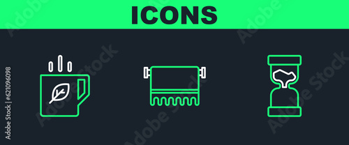 Set line Old hourglass, Cup of tea and leaf and Towel on hanger icon. Vector