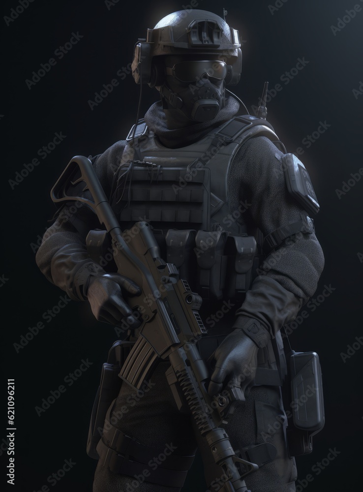 Special forces soldier in black uniform with weapon