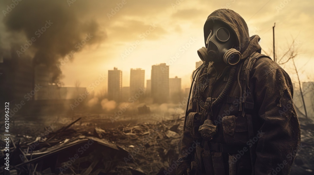 A man in a gas mask stands near the destroyed city. Created with Generative Ai technology. A man in a gas mask stands near the destroyed city. Created with Generative Ai technology.