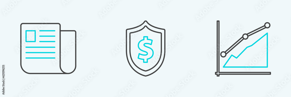 Set line Pie chart infographic, File document and Shield with dollar symbol icon. Vector Set line Pie chart infographic, File document and Shield with dollar symbol icon. Vector