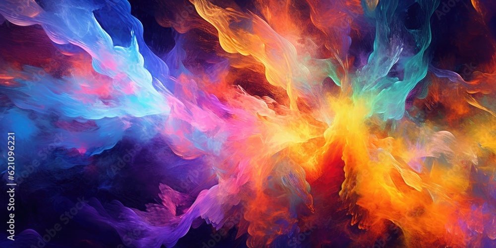A vibrant blaze of color. An abstract color splash covers the painting. Background pictures for widescreen displays. Colors that pop. Fractal. Using ones imagination to express oneself artistically on