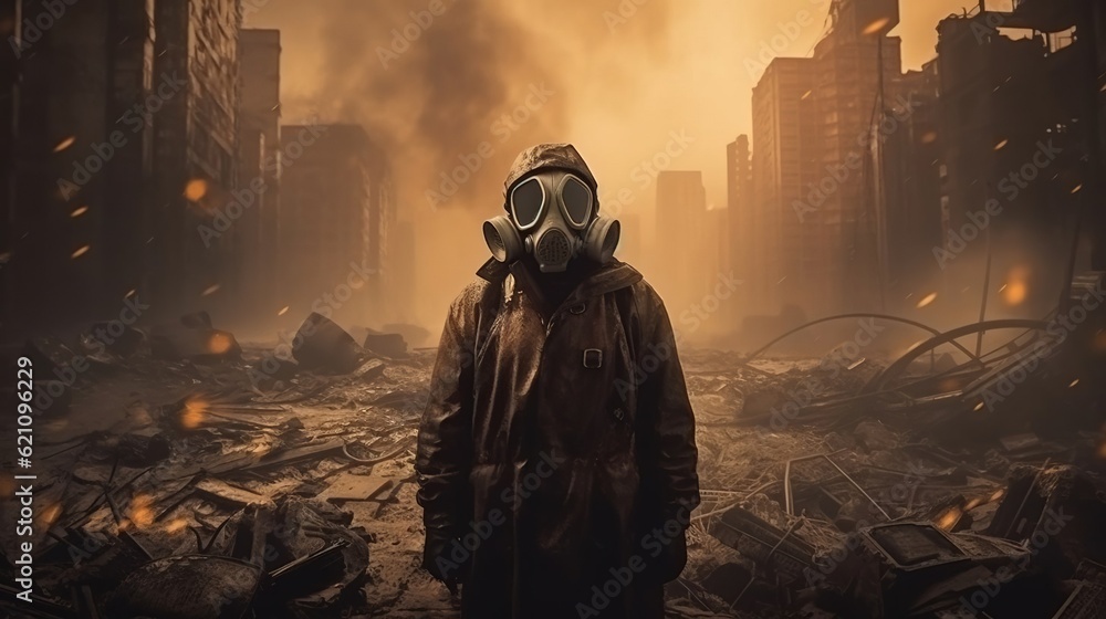 A man in a gas mask stands near the destroyed city. Created with Generative Ai technology. A man in a gas mask stands near the destroyed city. Created with Generative Ai technology.