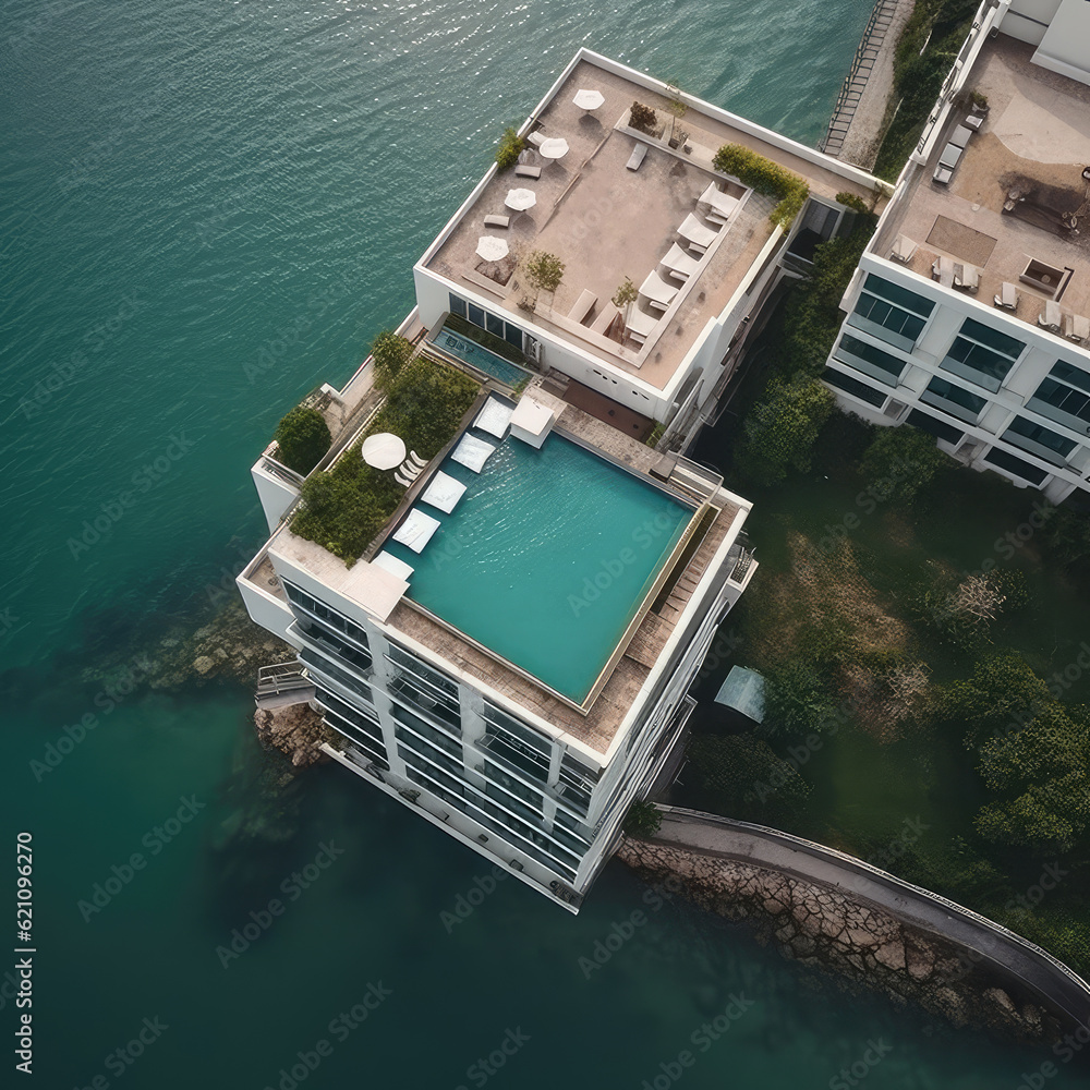 Top aerial view on modern hotel buildings on sea beach. Pools on roof, green trees, architecture, penthouse on seascape. AI generative