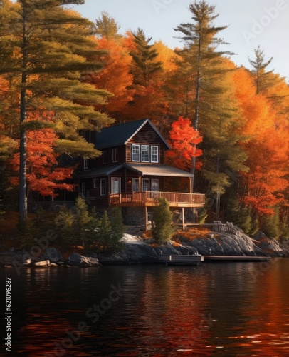 house by the lake in autumn with trees