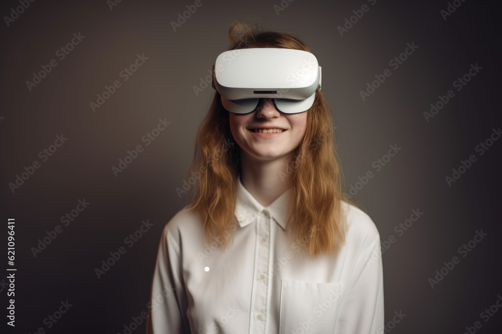 Smiling in the Virtual Realm: Young Woman's Futuristic Journey with VR Goggles - Embracing the Digital Frontier - Generative AI Smiling in the Virtual Realm: Young Woman's Futuristic Journey with VR Goggles - Embracing the Digital Frontier - Generative AI