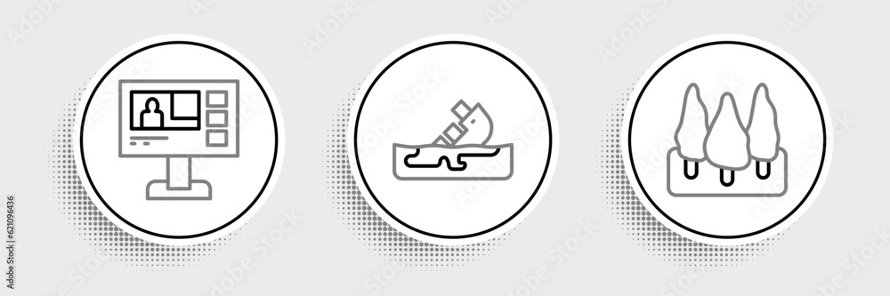 Set line Forest, Television report and Wrecked oil tanker ship icon. Vector Set line Forest, Television report and Wrecked oil tanker ship icon. Vector
