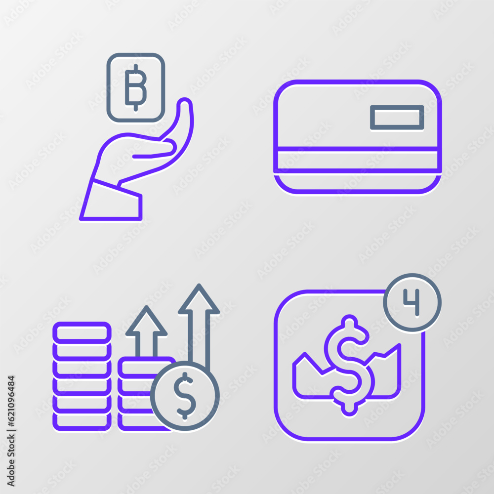 Set line Mobile stock trading, Financial growth and dollar, Credit card and Hand holding Bitcoin icon. Vector Set line Mobile stock trading, Financial growth and dollar, Credit card and Hand holding Bitcoin icon. Vector
