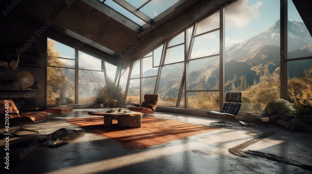 living room with large windows and views of the mountains
