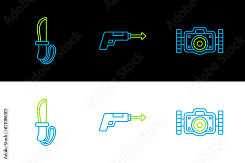 Set line Photo camera, Knife and Fishing harpoon icon. Vector