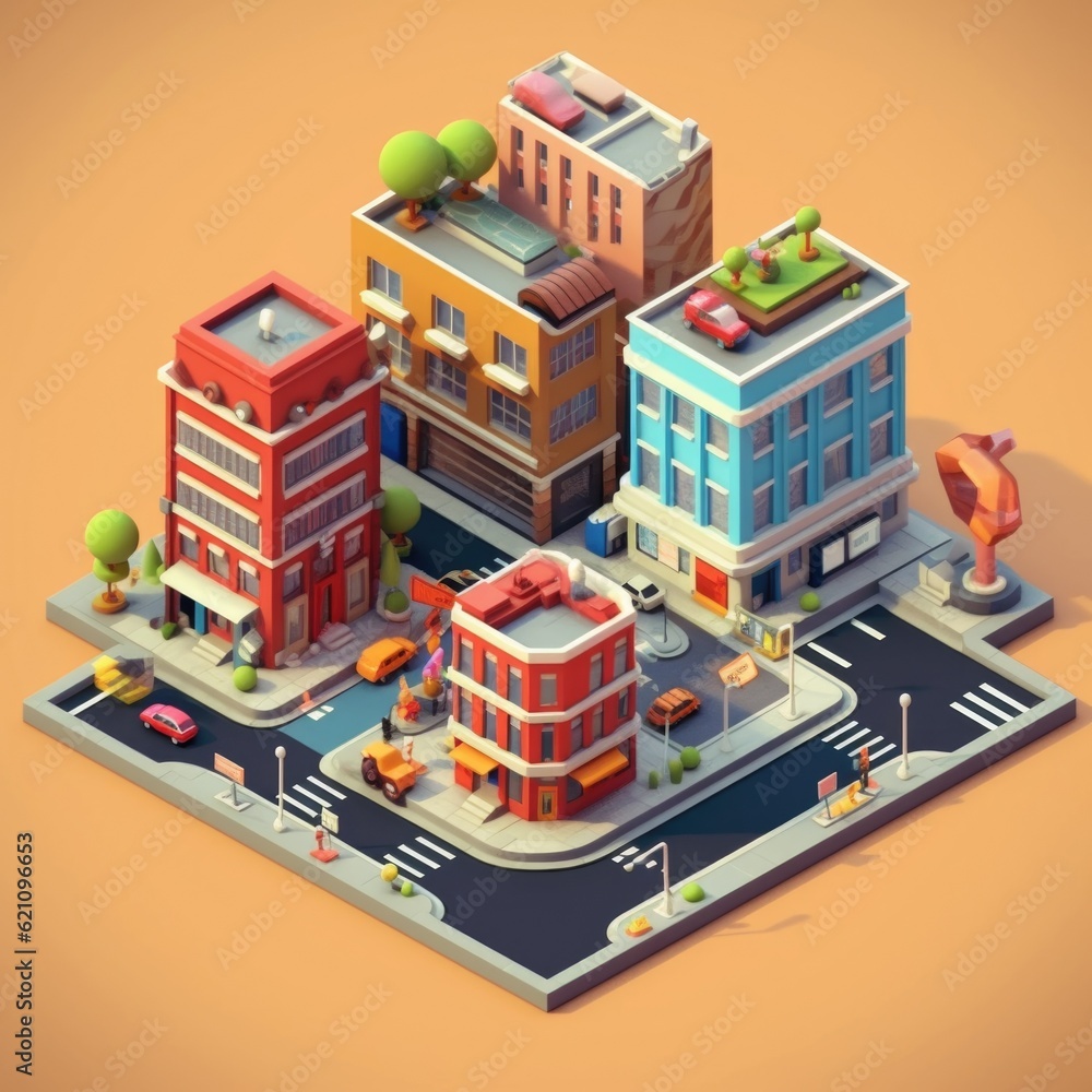 An isometric piece of a part of the city. isometric city street. Isometric buildings and cars An isometric piece of a part of the city. isometric city street. Isometric buildings and cars