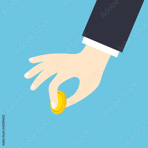 Hand holding gold coin. Coin squeezed between fingers. Money savings or donation concept. Vector illustration in a trendy flat style isolated.
