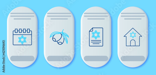 Set line Olives branch, Torah scroll, Jewish calendar and synagogue icon. Vector