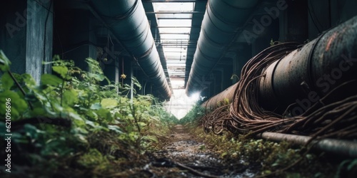 tunnels with vegetation and rusty pipe