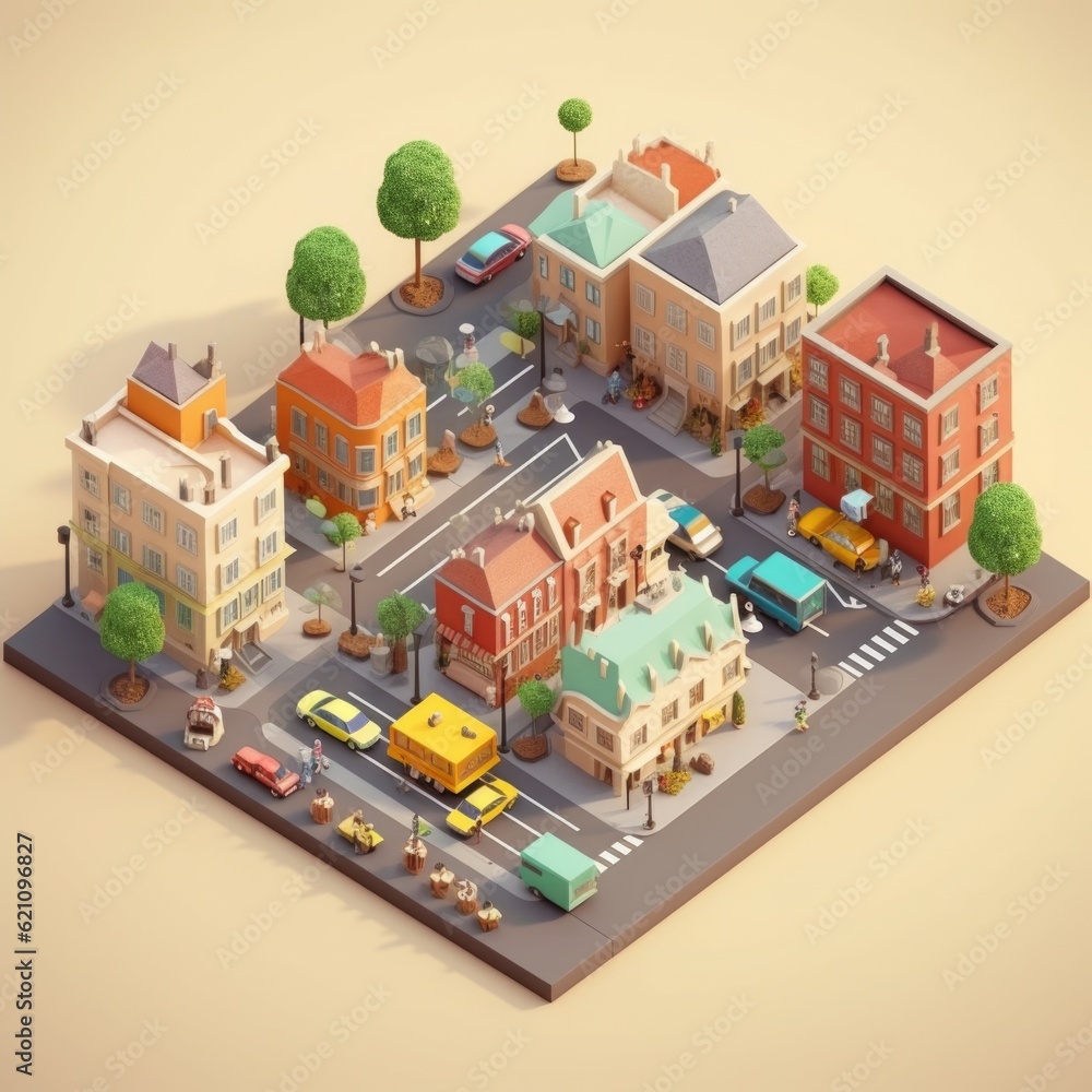 An isometric piece of a part of the city. isometric city street. Isometric buildings and cars An isometric piece of a part of the city. isometric city street. Isometric buildings and cars