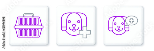 Set line Veterinary clinic symbol, Pet carry case and icon. Vector