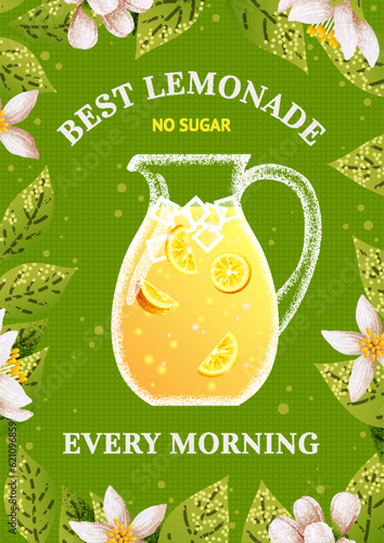 Lemonade poster. Summer drink, fresh soda ad, flyer with cold ice fruits, lemon cocktail promotion, texture food banner. Vector illustration background 