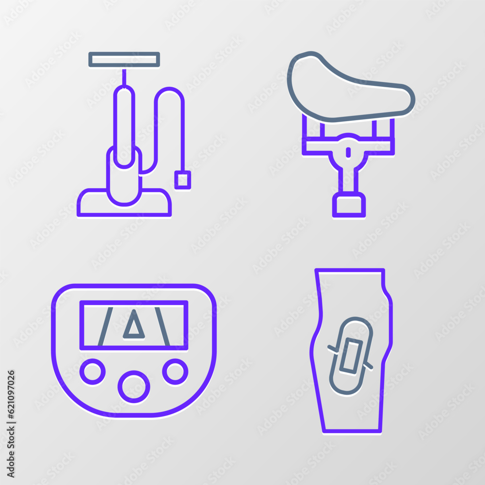 Set line Plaster on leg, Gps device with map, Bicycle seat and air pump icon. Vector Set line Plaster on leg, Gps device with map, Bicycle seat and air pump icon. Vector