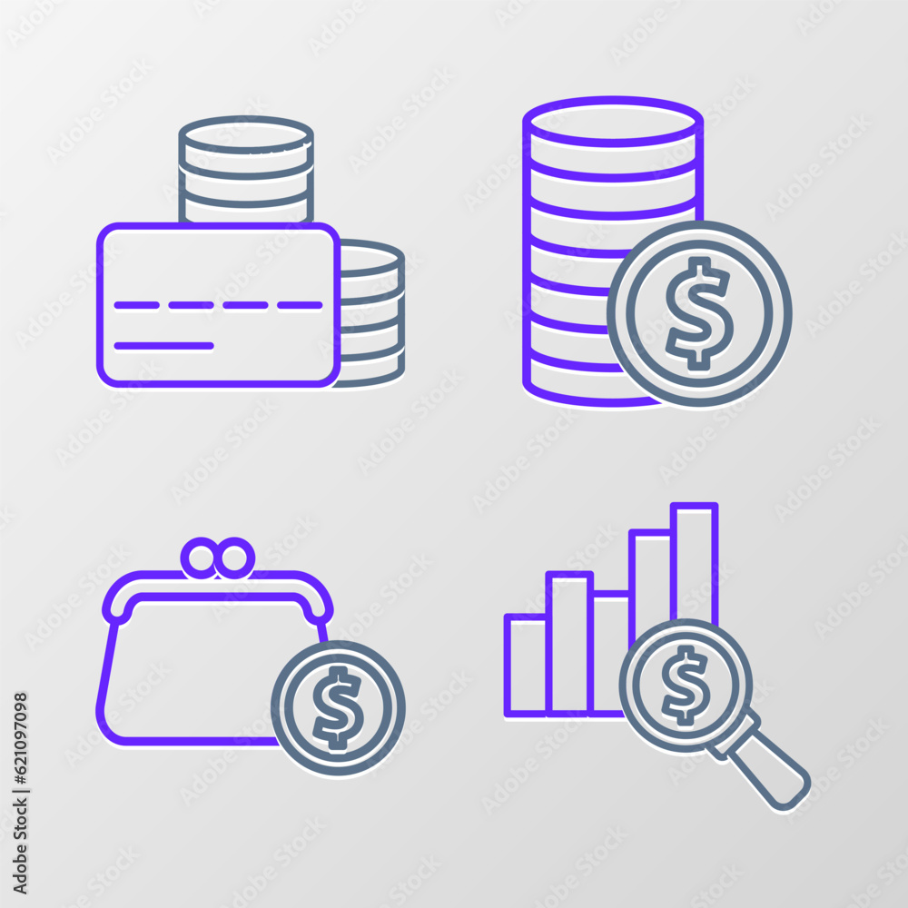 Set line Pie chart and dollar, Wallet with coins, Coin money and Credit card icon. Vector Set line Pie chart and dollar, Wallet with coins, Coin money and Credit card icon. Vector